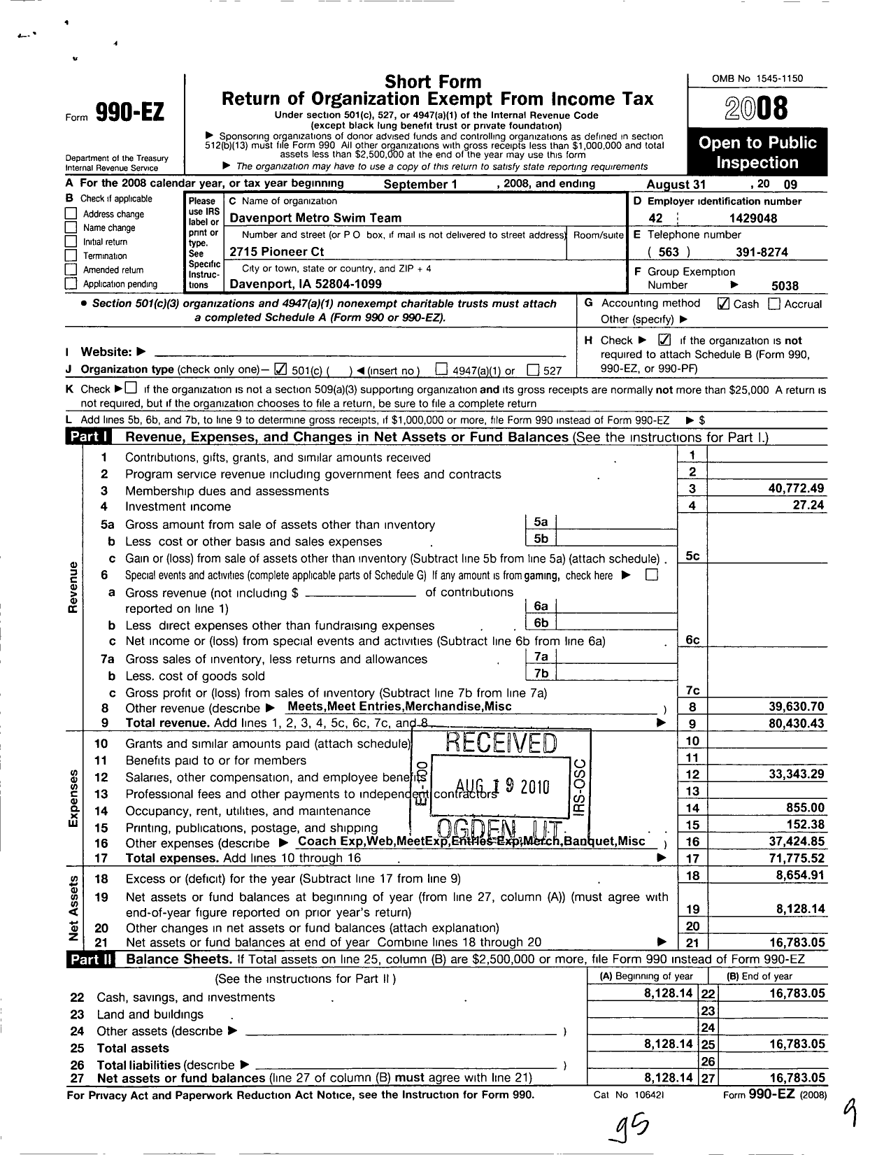 Image of first page of 2008 Form 990EO for Davenport Metro Swim Team