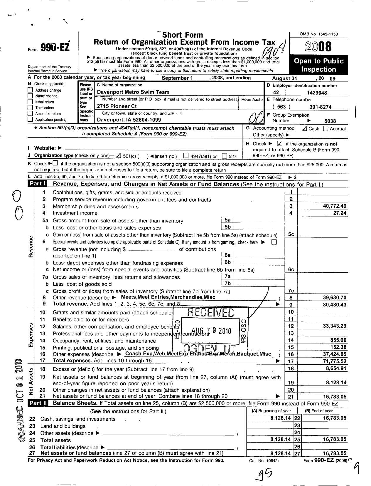 Image of first page of 2008 Form 990EO for Davenport Metro Swim Team