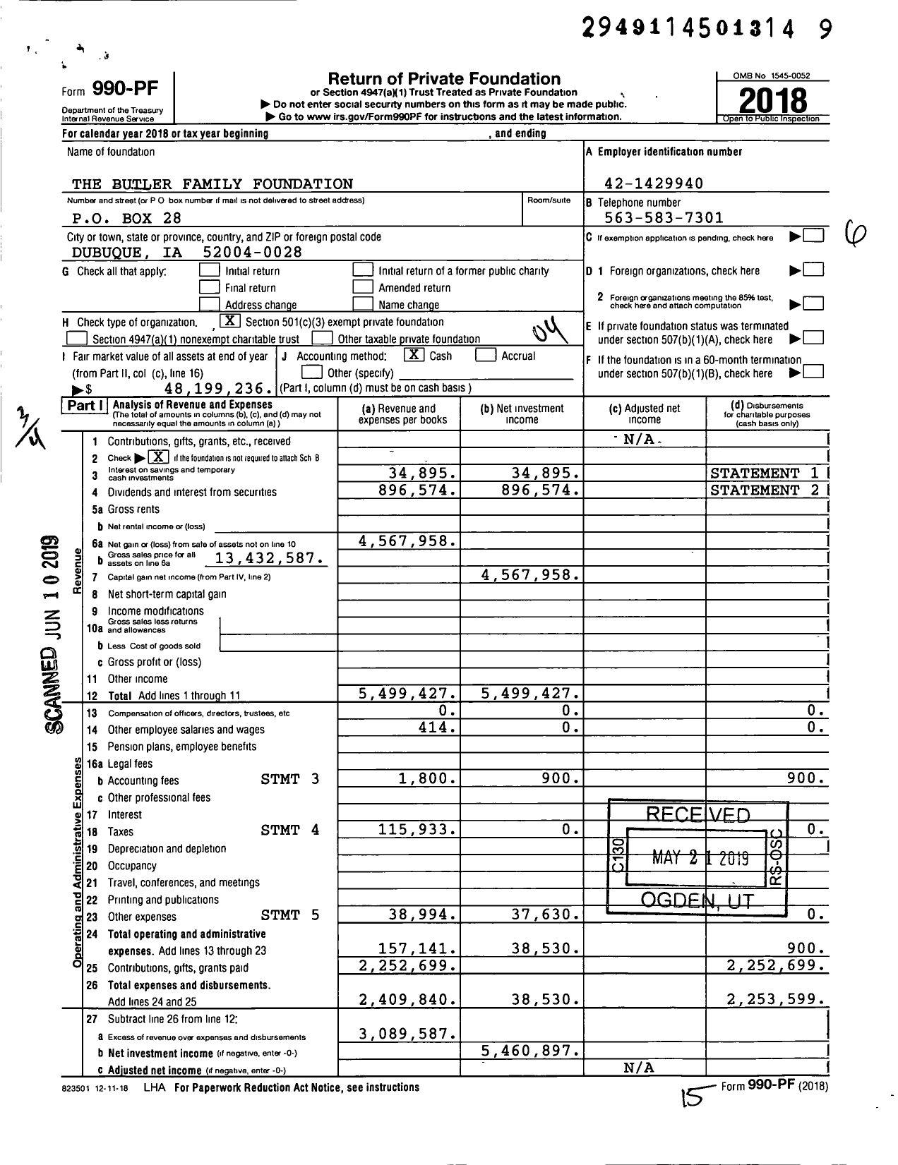 Image of first page of 2018 Form 990PF for The Butler Family Foundation