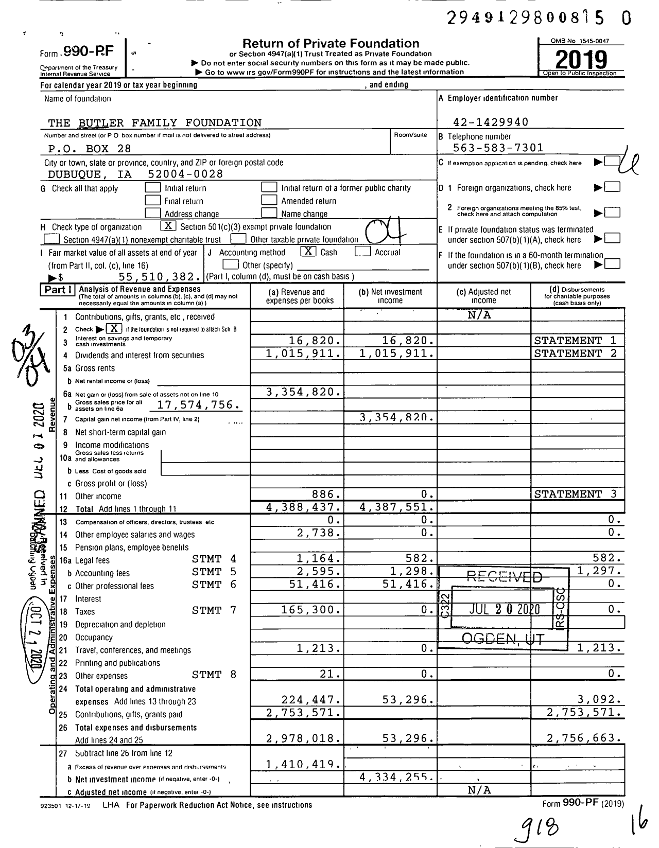 Image of first page of 2019 Form 990PF for The Butler Family Foundation