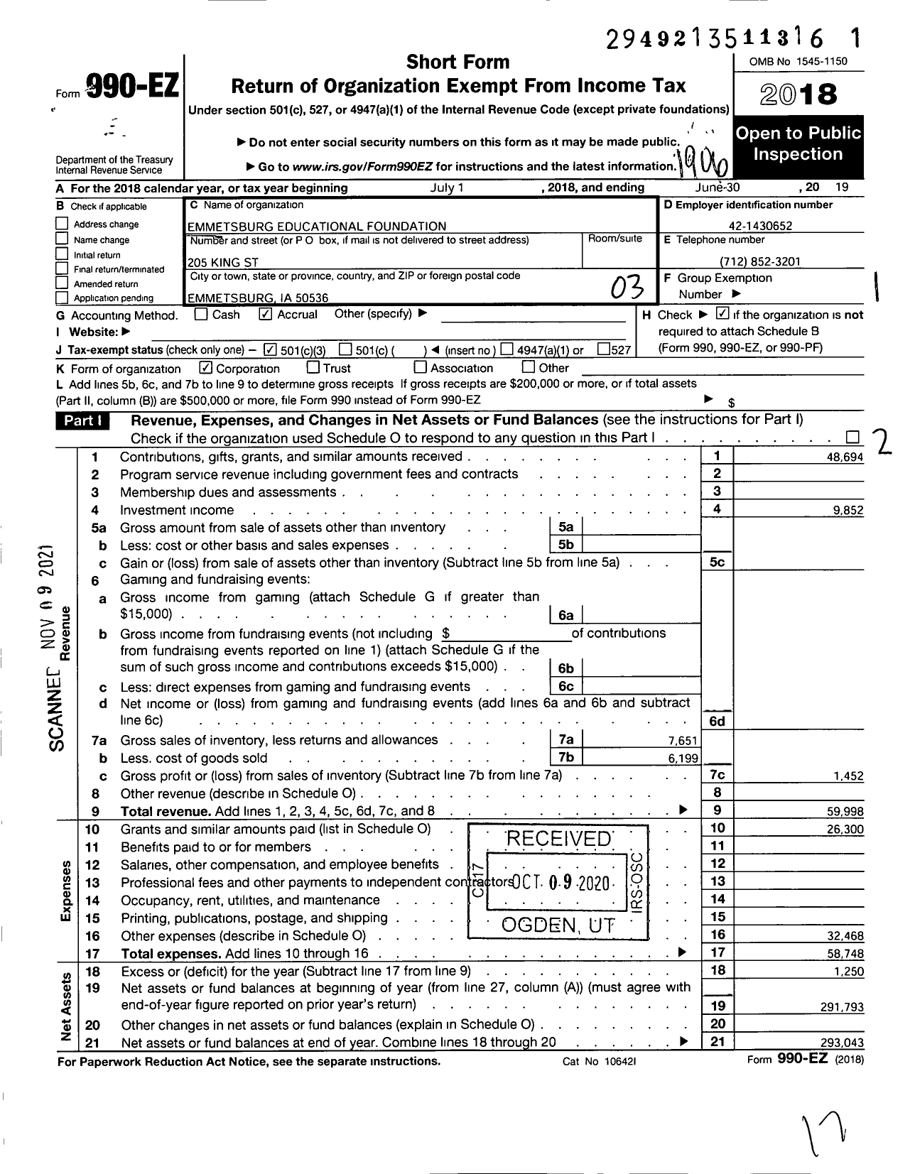 Image of first page of 2018 Form 990EZ for Emmetsburg Educational Foundation