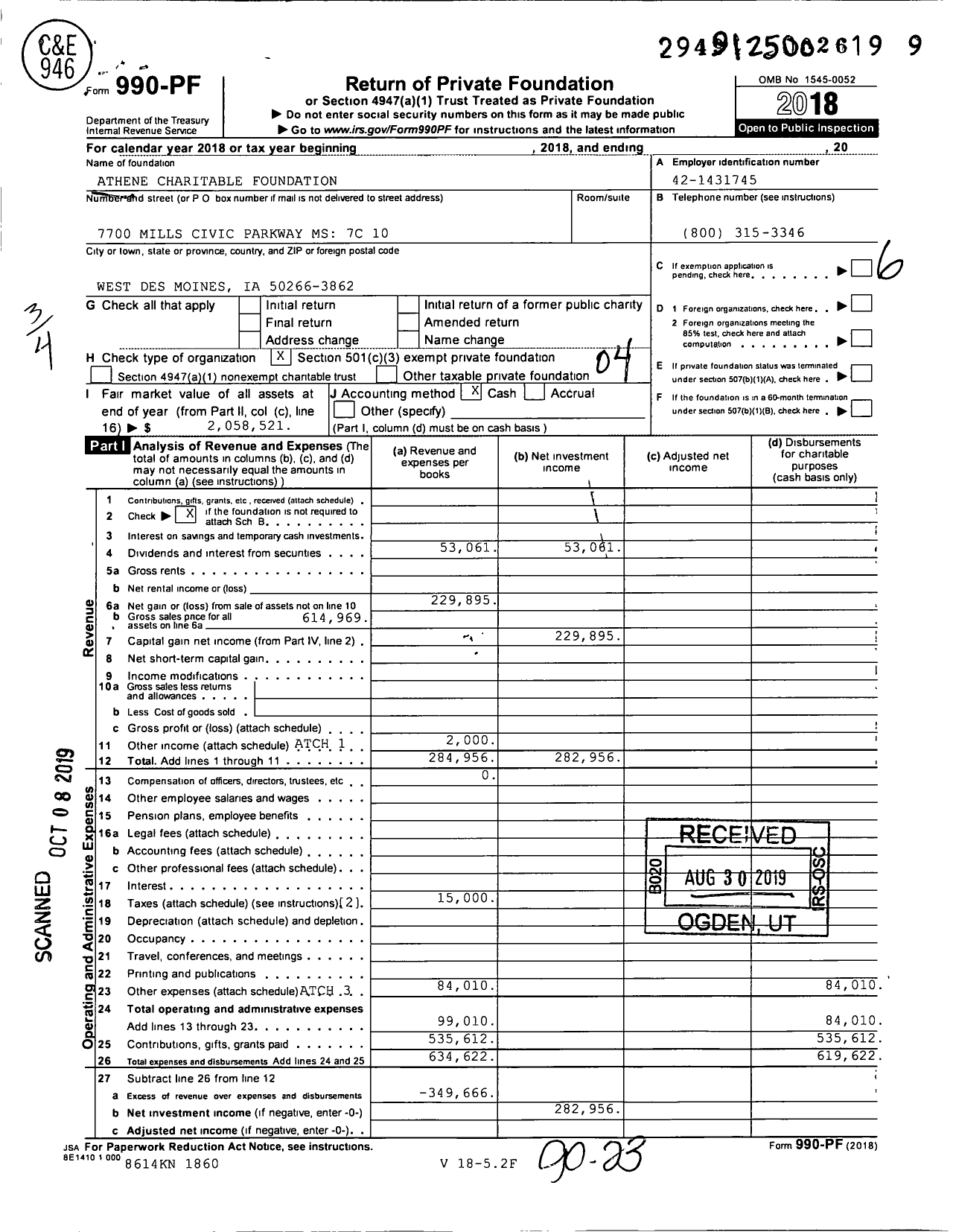 Image of first page of 2018 Form 990PF for Athene Charitable Foundation