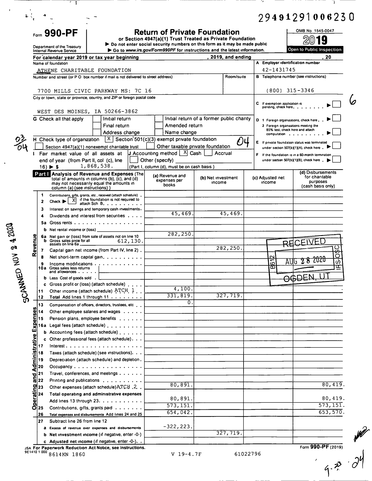 Image of first page of 2019 Form 990PF for Athene Charitable Foundation