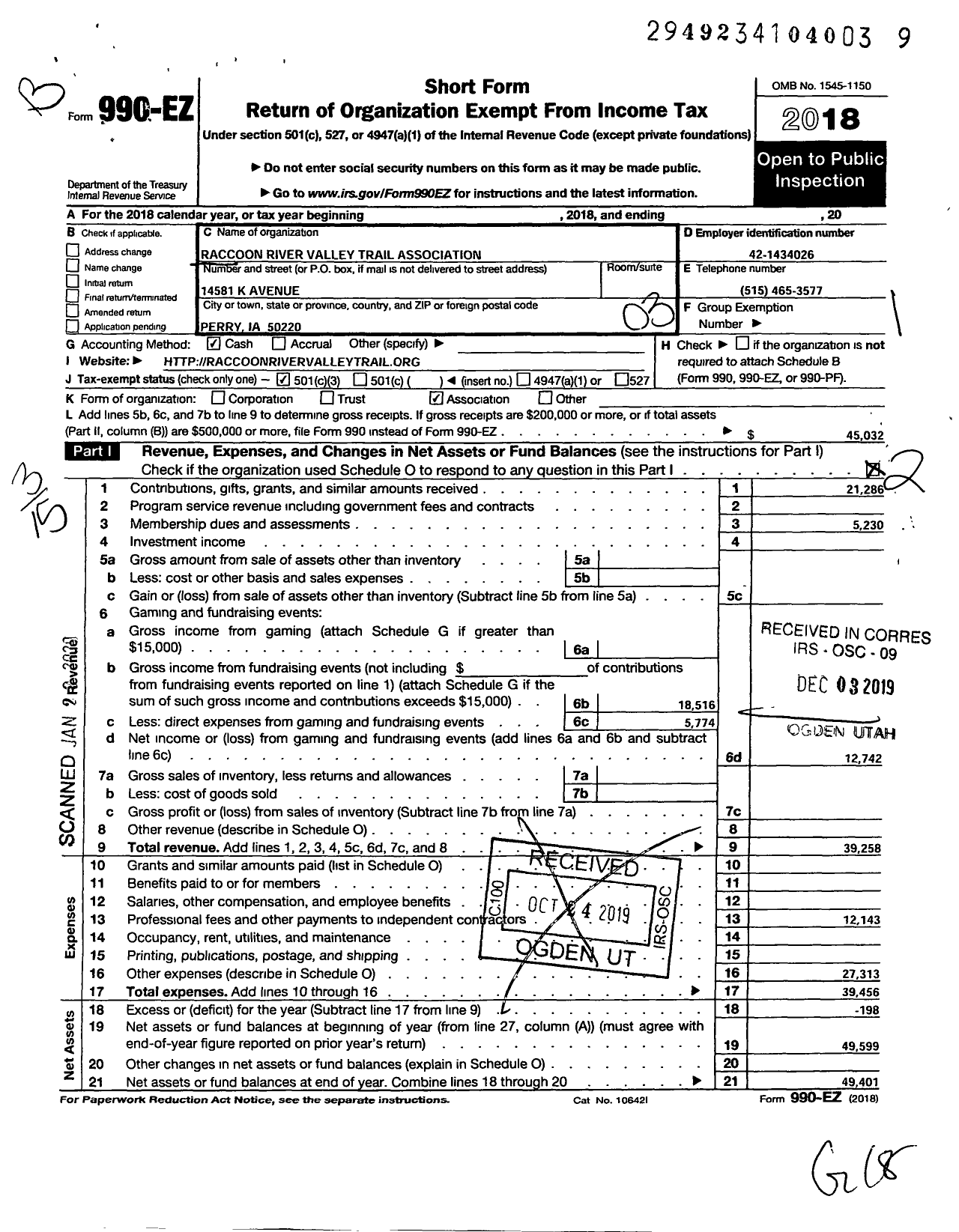 Image of first page of 2018 Form 990EZ for Raccoon River Valley Trail Association