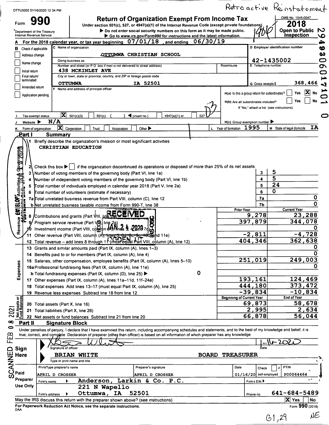 Image of first page of 2018 Form 990 for Ottumwa Christian School