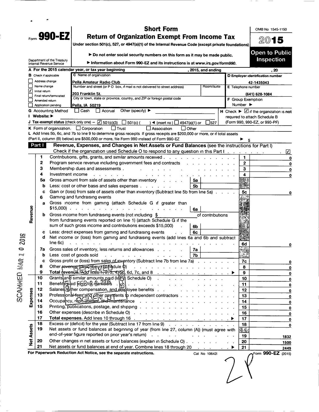 Image of first page of 2015 Form 990EZ for Pella Amateur Radio Club