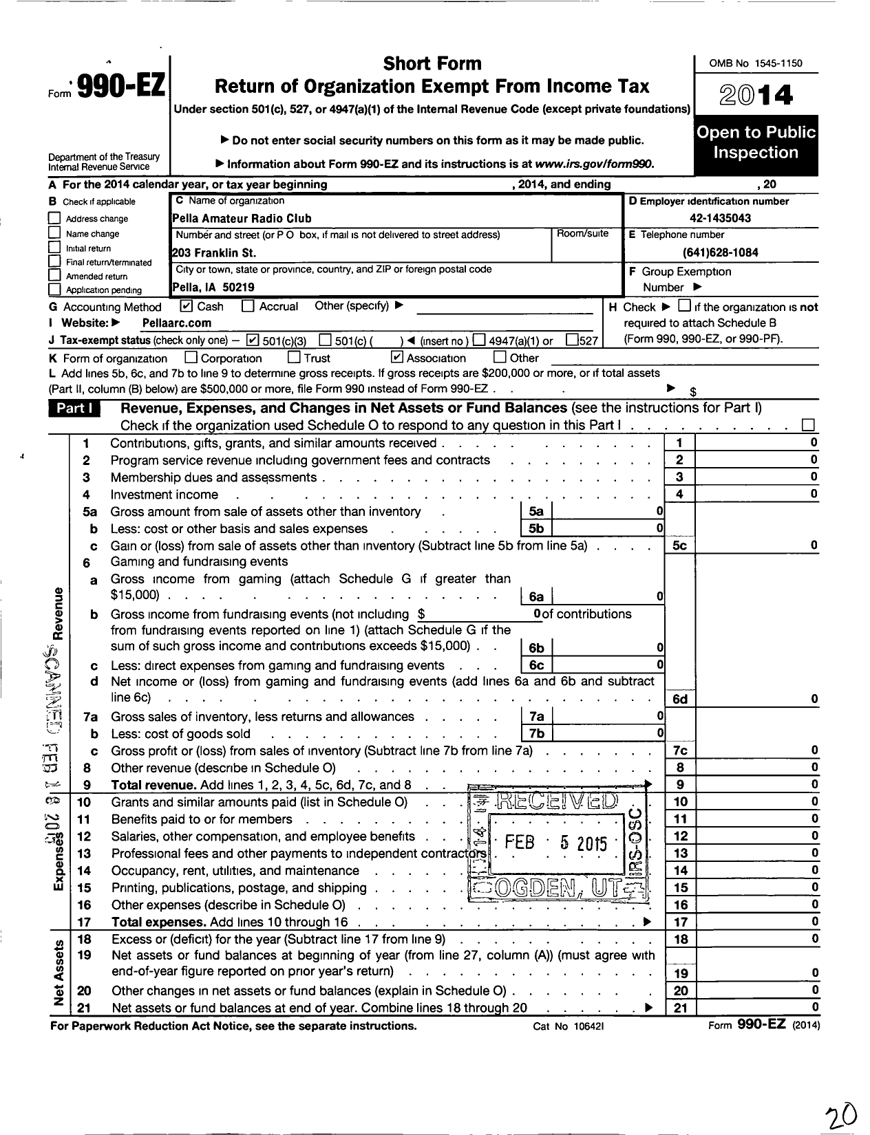 Image of first page of 2014 Form 990EZ for Pella Amateur Radio Club