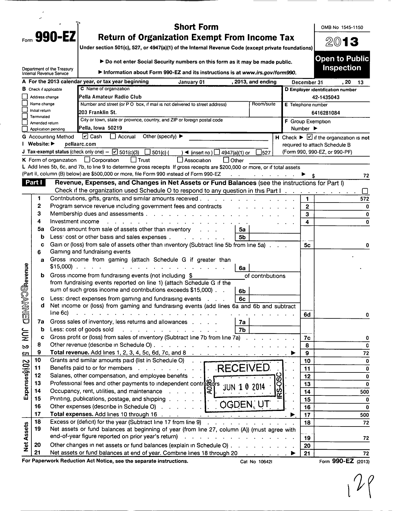 Image of first page of 2013 Form 990EZ for Pella Amateur Radio Club