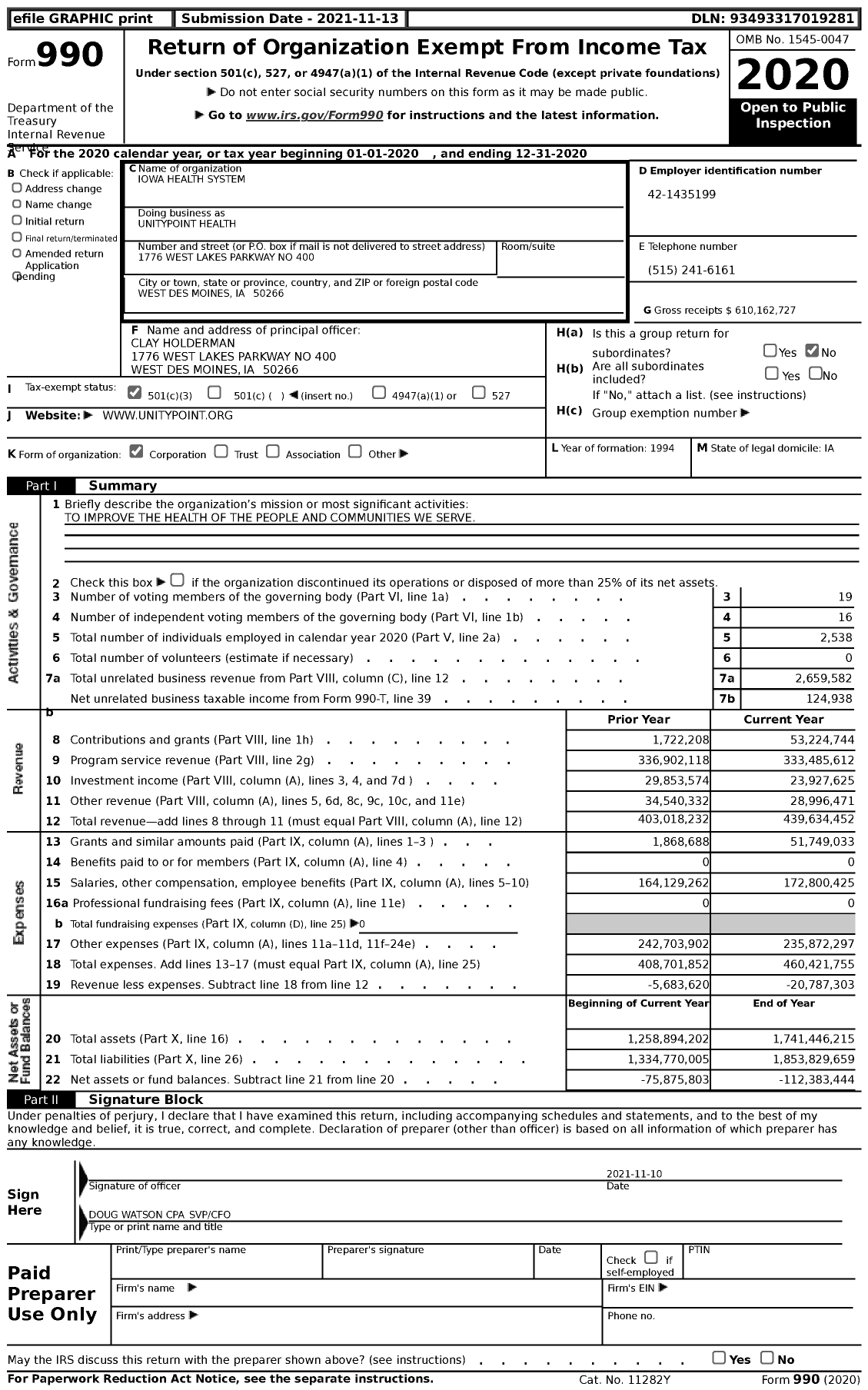 Image of first page of 2020 Form 990 for Unitypoint Health / Iowa Health System