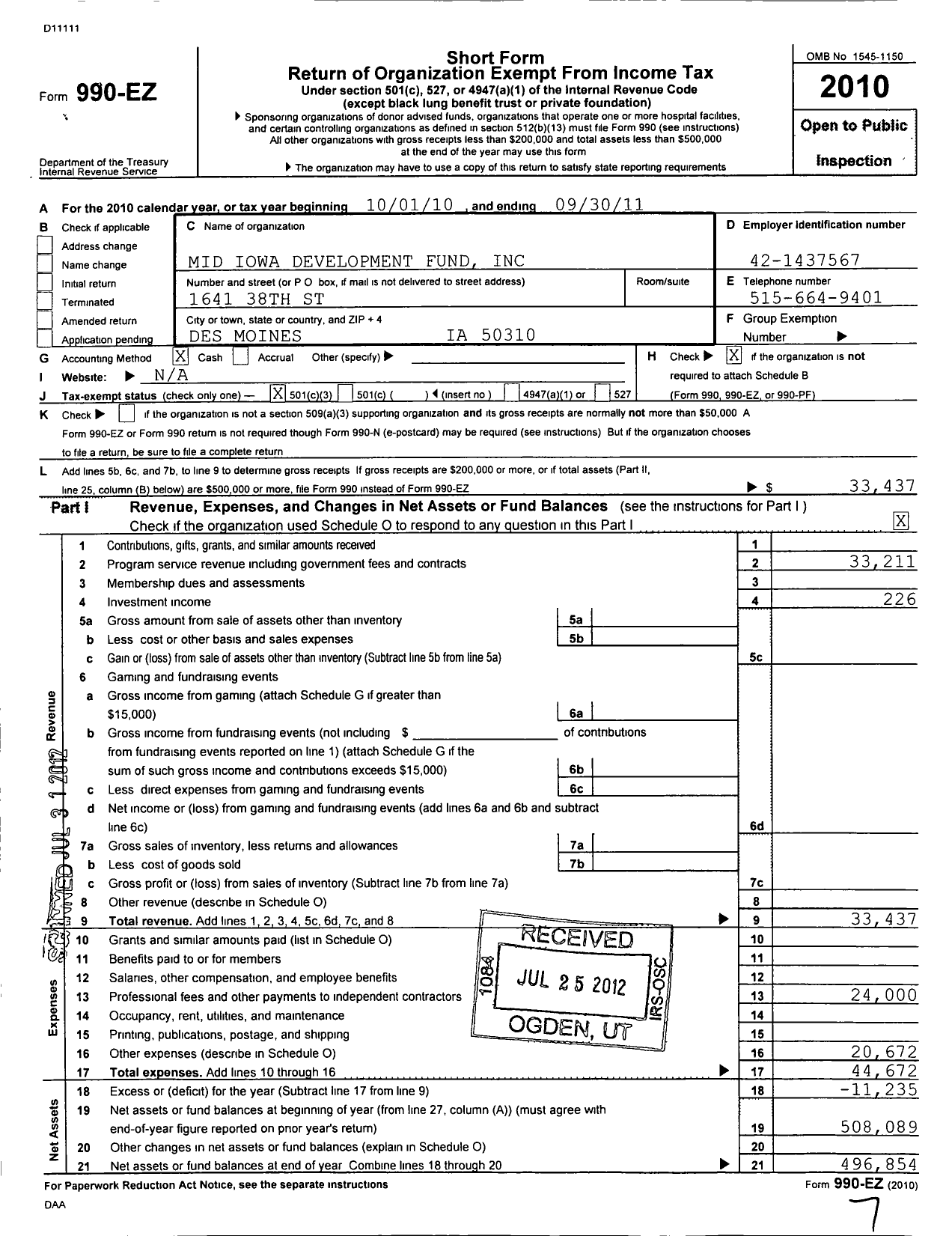 Image of first page of 2010 Form 990EZ for Mid Iowa Development Fund