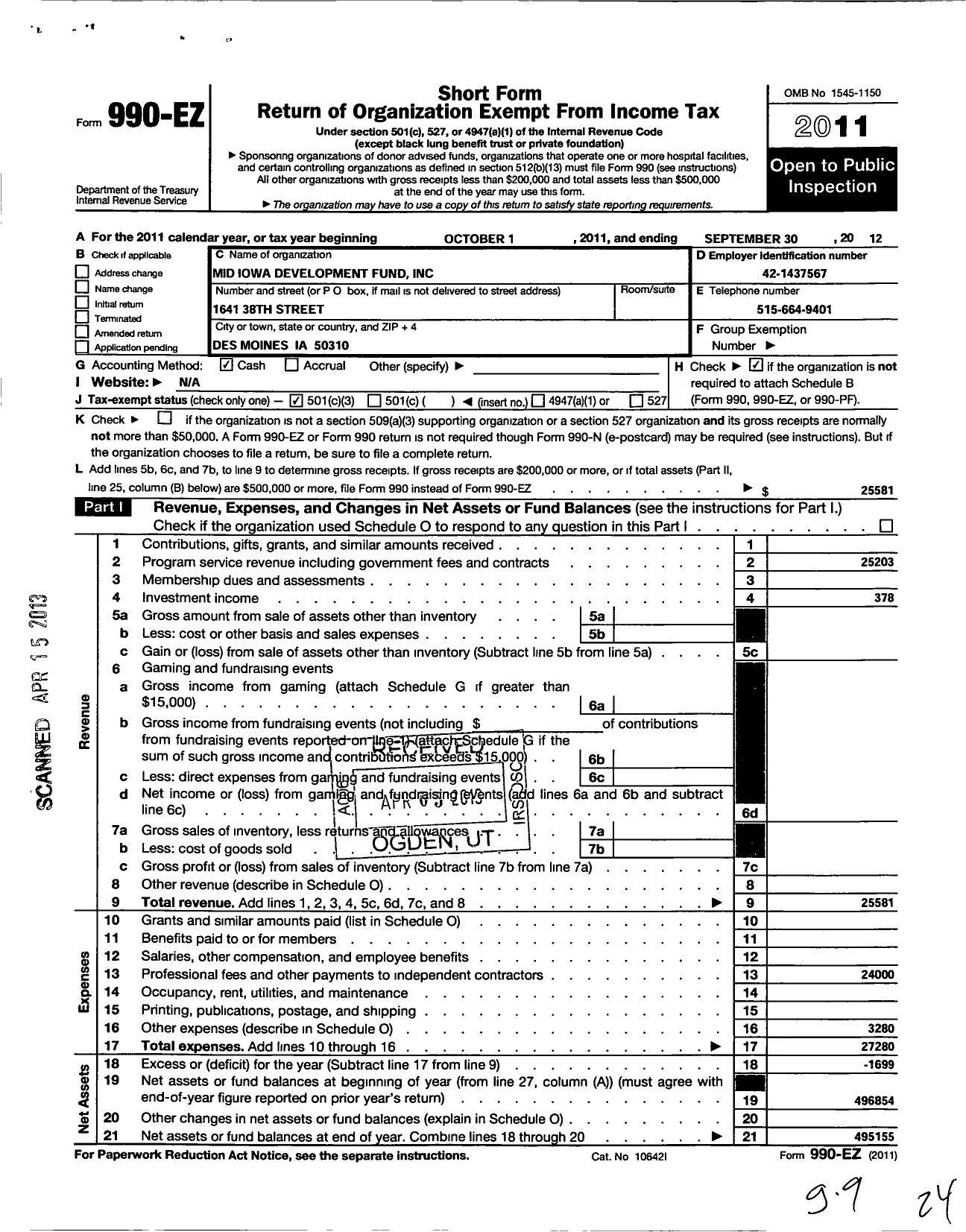 Image of first page of 2011 Form 990EZ for Mid Iowa Development Fund