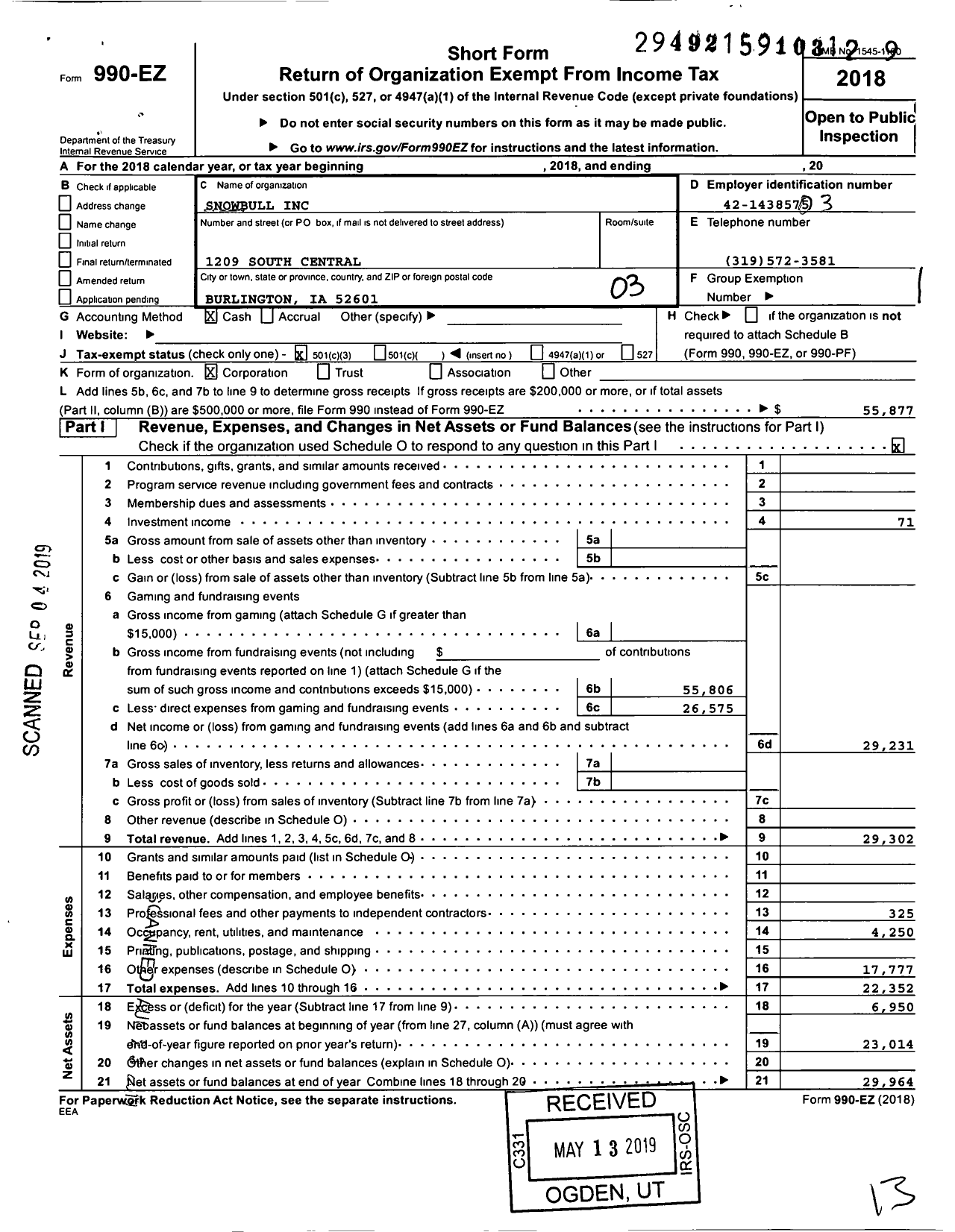 Image of first page of 2018 Form 990EZ for Snowbull