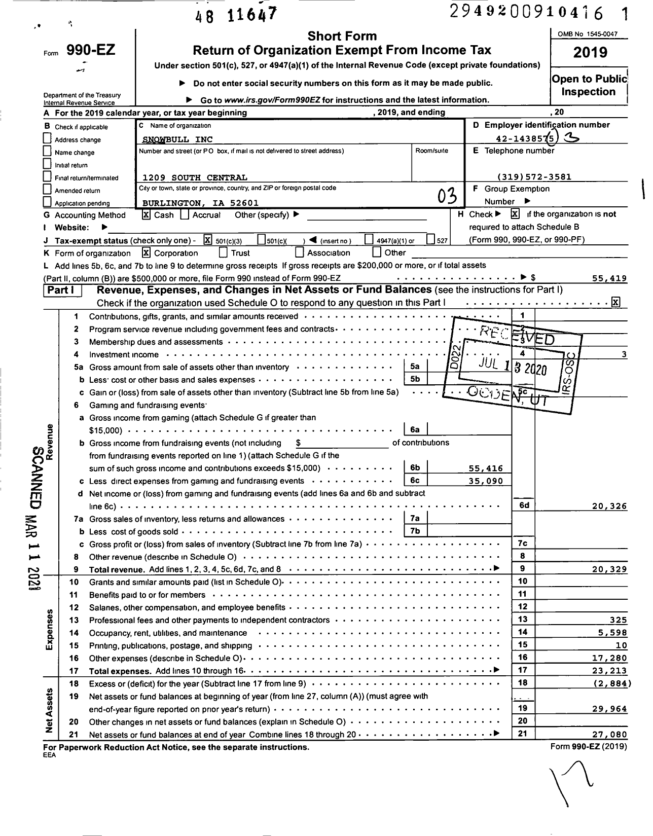 Image of first page of 2019 Form 990EZ for Snowbull