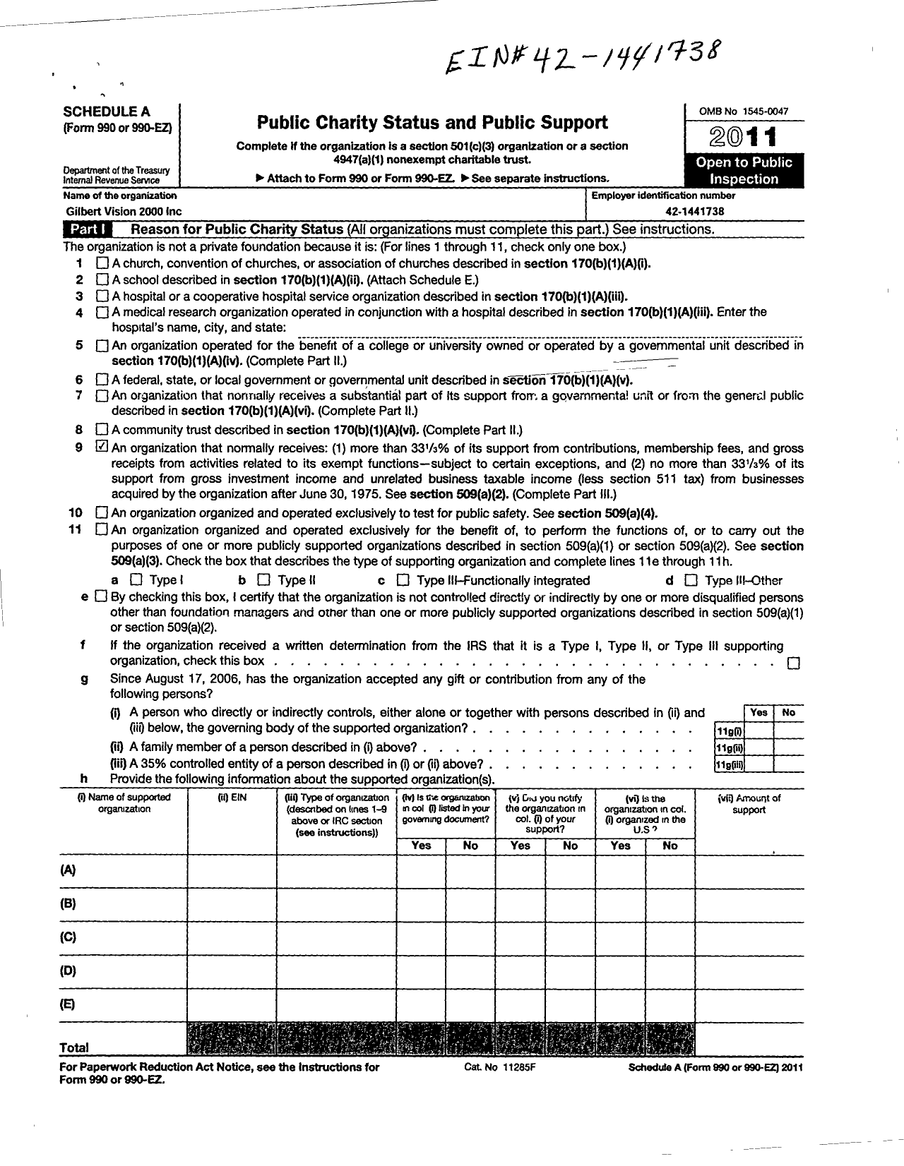 Image of first page of 2011 Form 990ER for Gilbert Vision 2000
