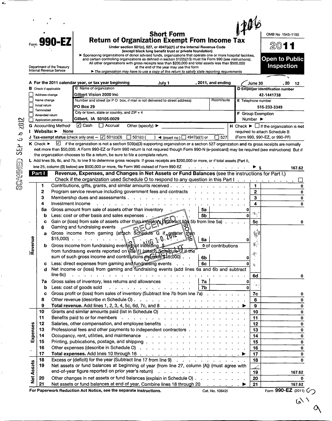 Image of first page of 2010 Form 990EZ for Gilbert Vision 2000