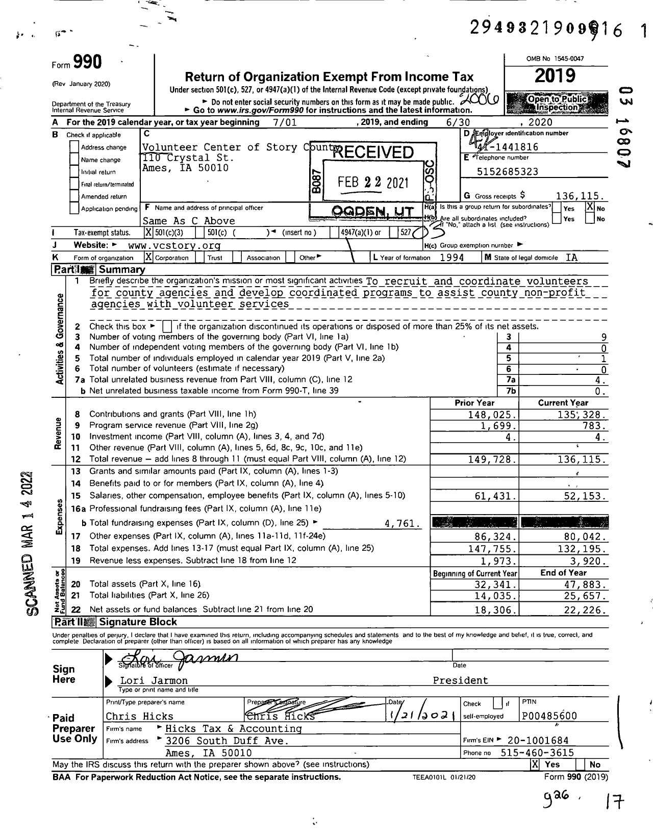 Image of first page of 2019 Form 990 for Volunteer Center of Story County