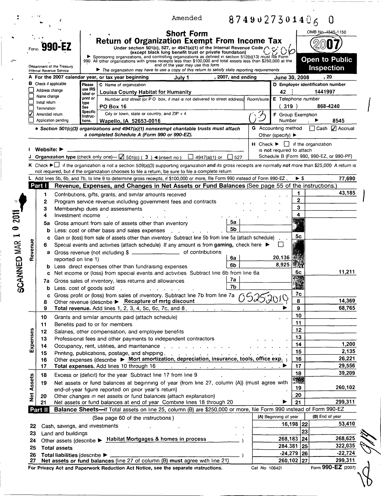 Image of first page of 2007 Form 990EZ for Habitat for Humanity International