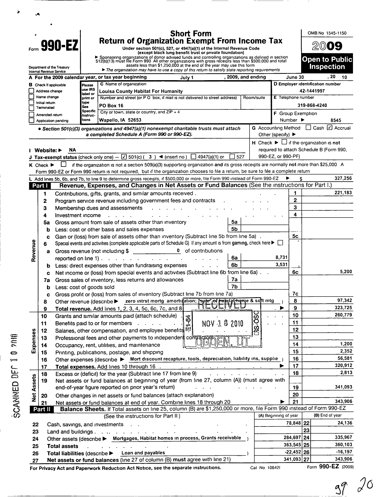 Image of first page of 2009 Form 990EZ for Habitat for Humanity International