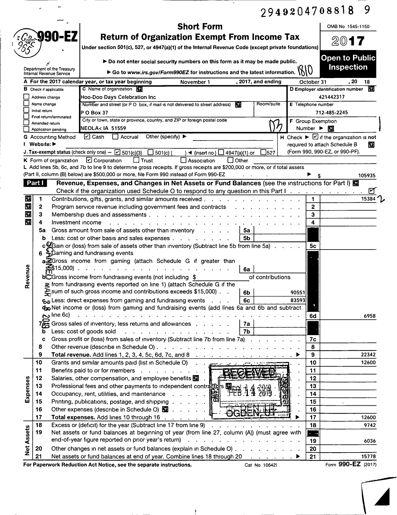 Image of first page of 2017 Form 990EZ for Hoo Doo Days Celebration