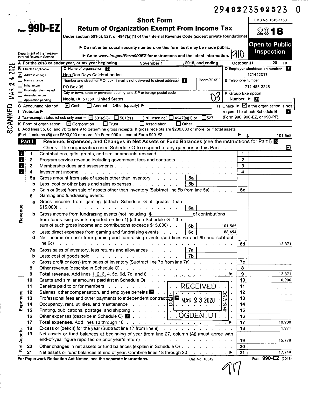 Image of first page of 2018 Form 990EZ for Hoo Doo Days Celebration