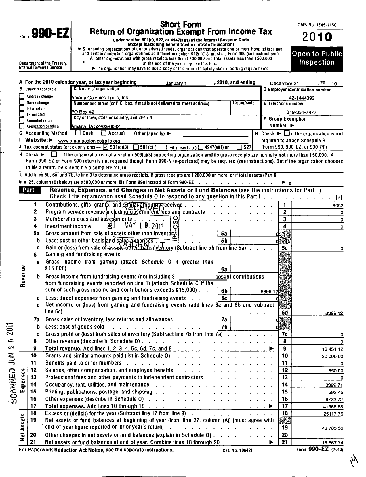 Image of first page of 2010 Form 990EZ for Amana Colonies Trails