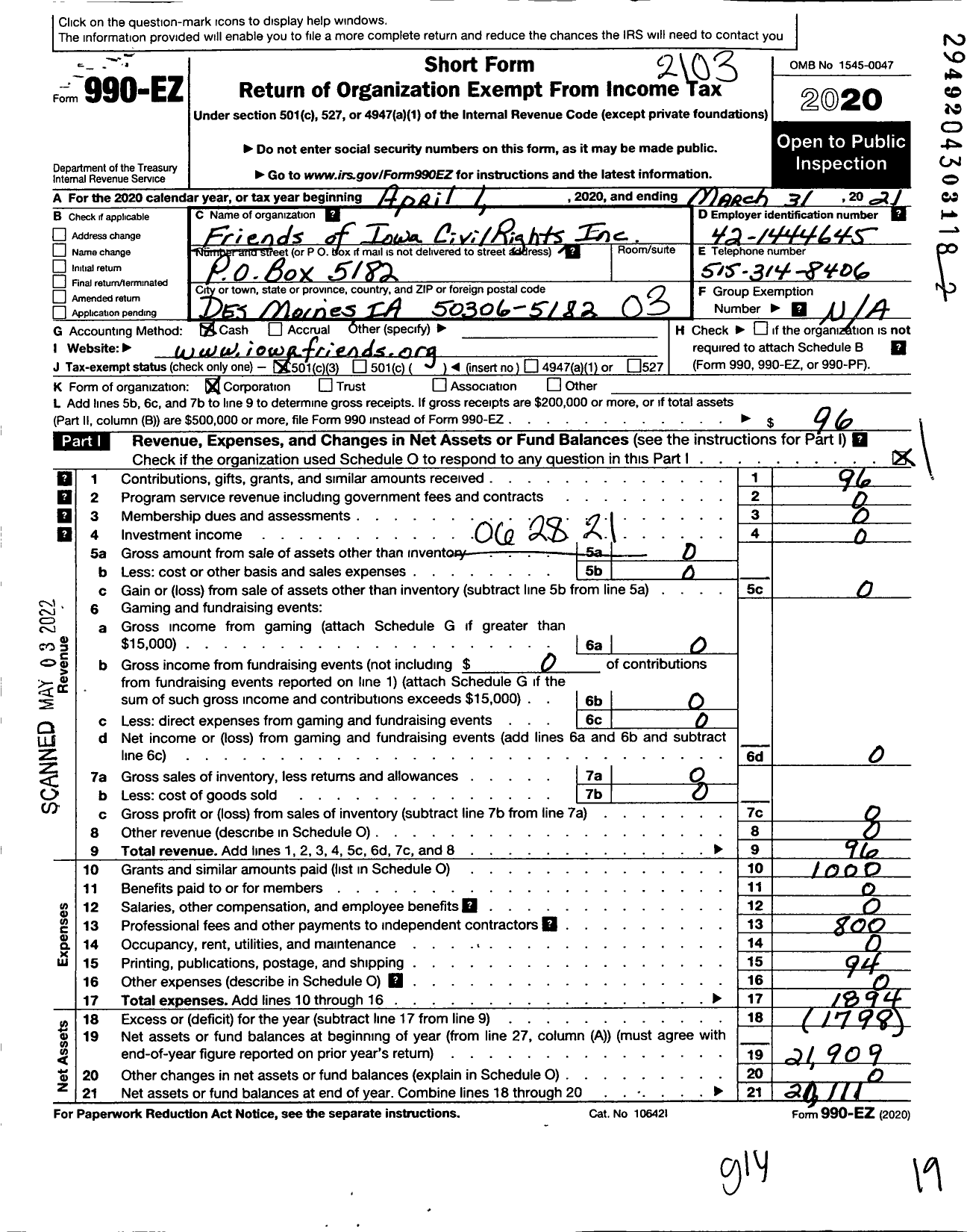 Image of first page of 2020 Form 990EZ for Friends of Iowa Civil Rights