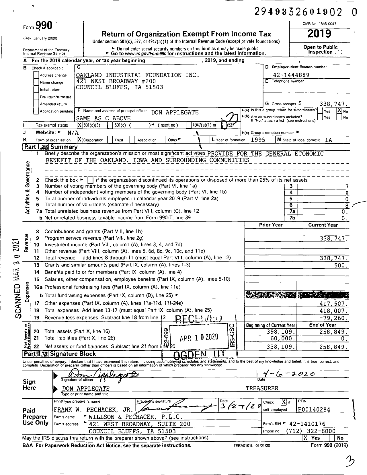 Image of first page of 2019 Form 990 for Oakland Industrial Foundation