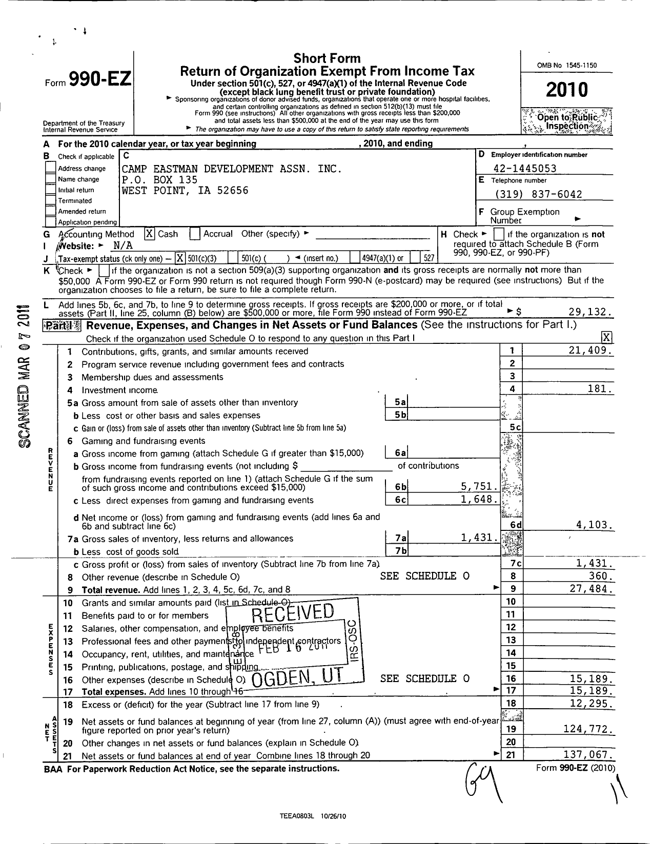 Image of first page of 2010 Form 990EZ for Camp Eastman Development Association