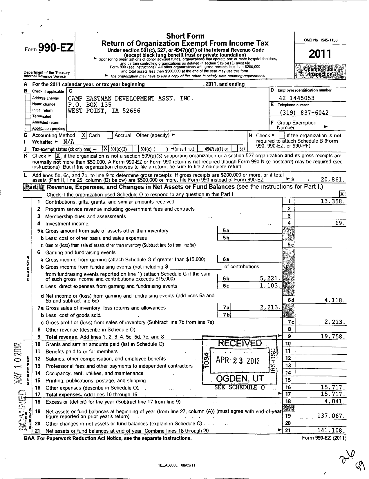 Image of first page of 2011 Form 990EZ for Camp Eastman Development Association