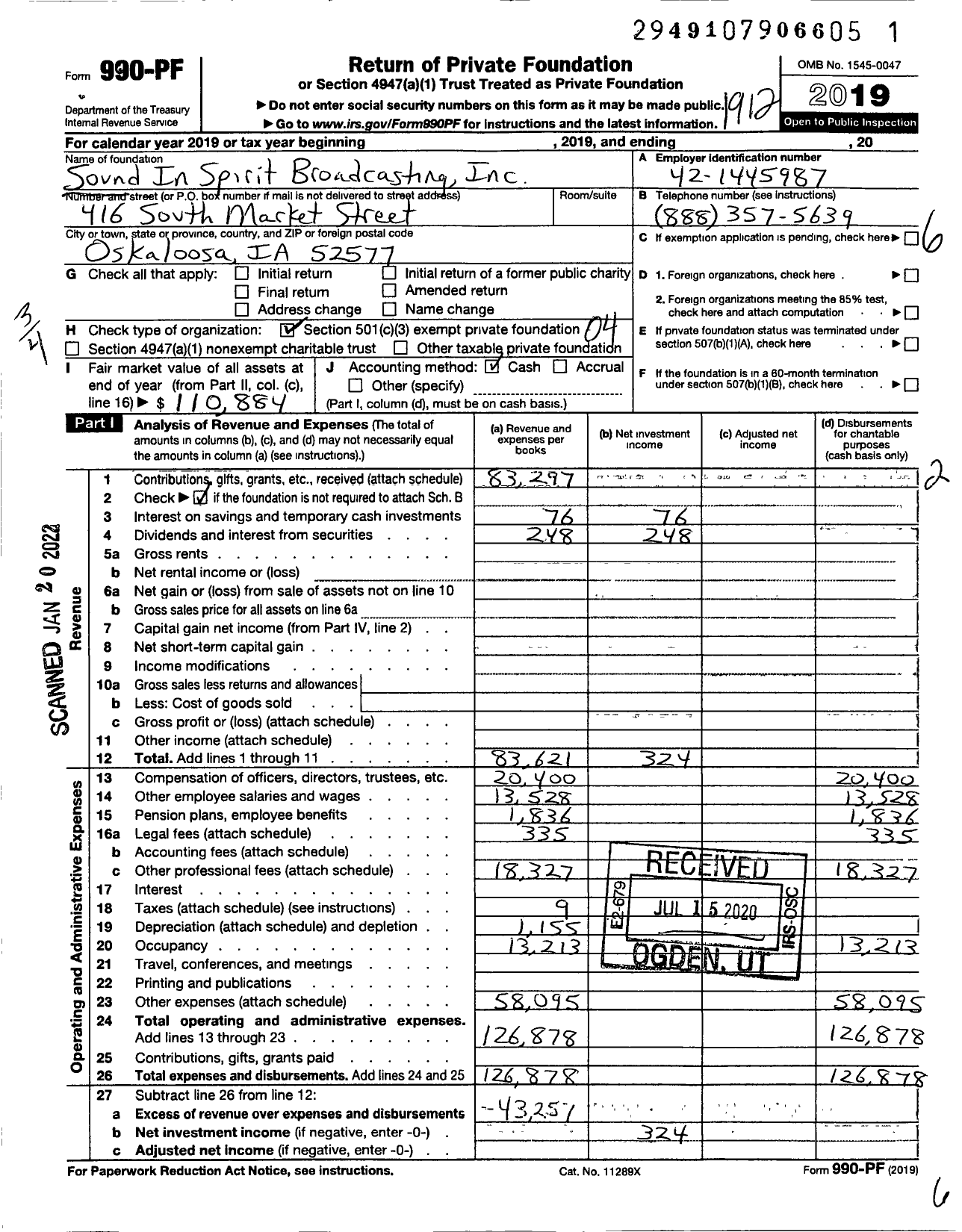 Image of first page of 2019 Form 990PF for Sound in Spirit Broadcasting