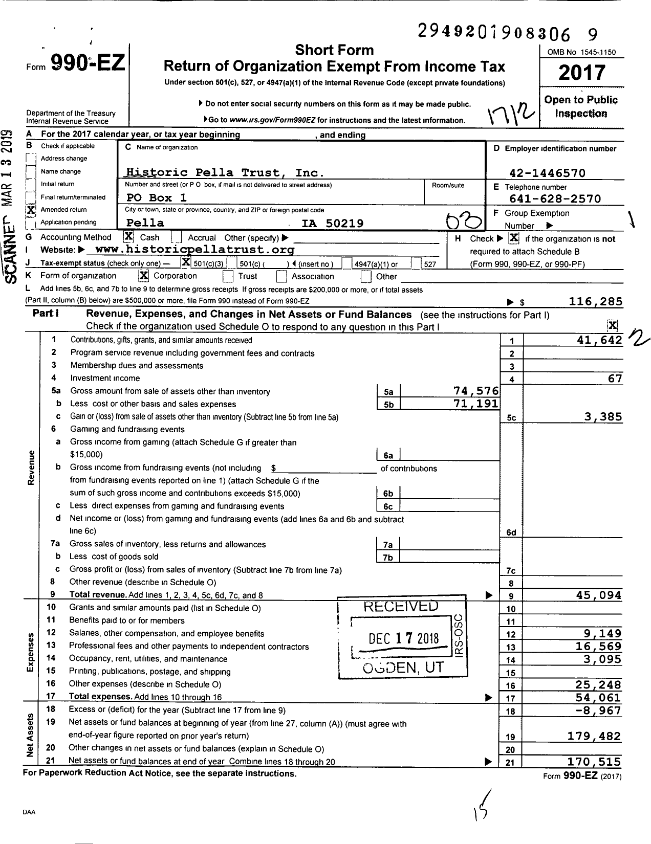 Image of first page of 2017 Form 990EZ for Historic Pella Trust