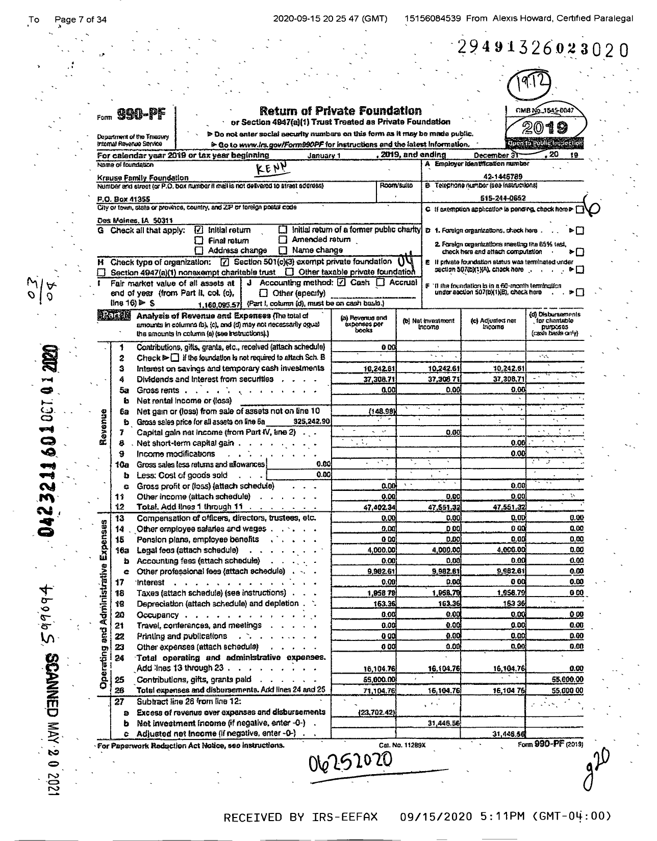 Image of first page of 2019 Form 990PF for Krause Family Foundation