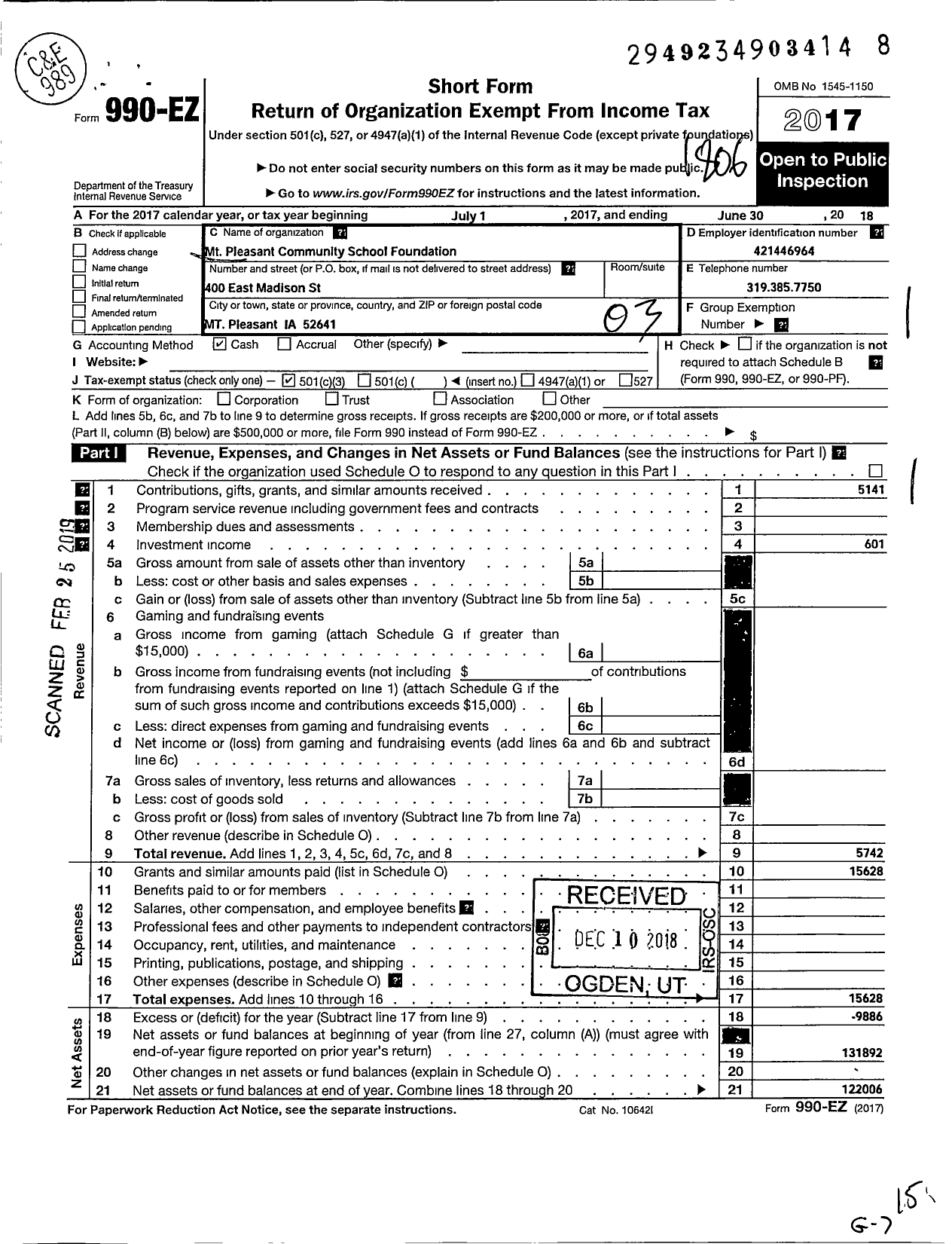 Image of first page of 2017 Form 990EZ for MT Pleasant Community School Foundation