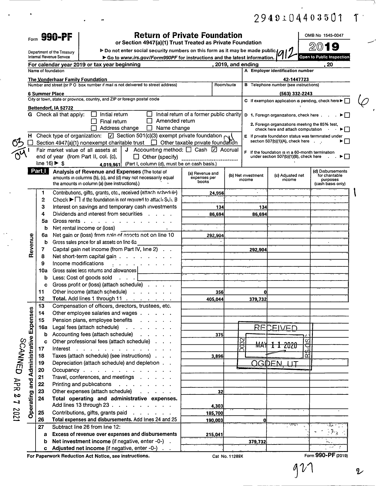 Image of first page of 2019 Form 990PF for The Vonderhaar Family Foundation