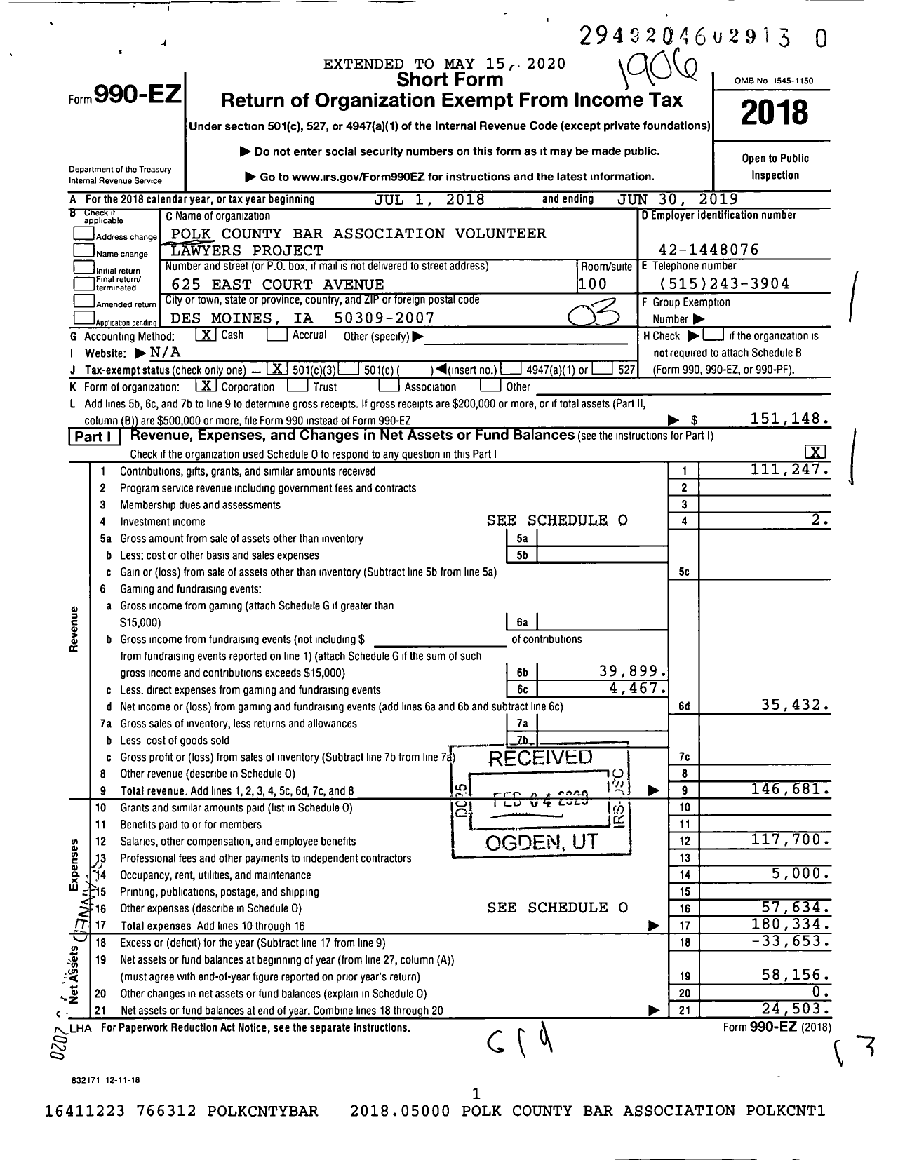 Image of first page of 2018 Form 990EZ for Polk County Bar Association Volunteer Lawyers Project