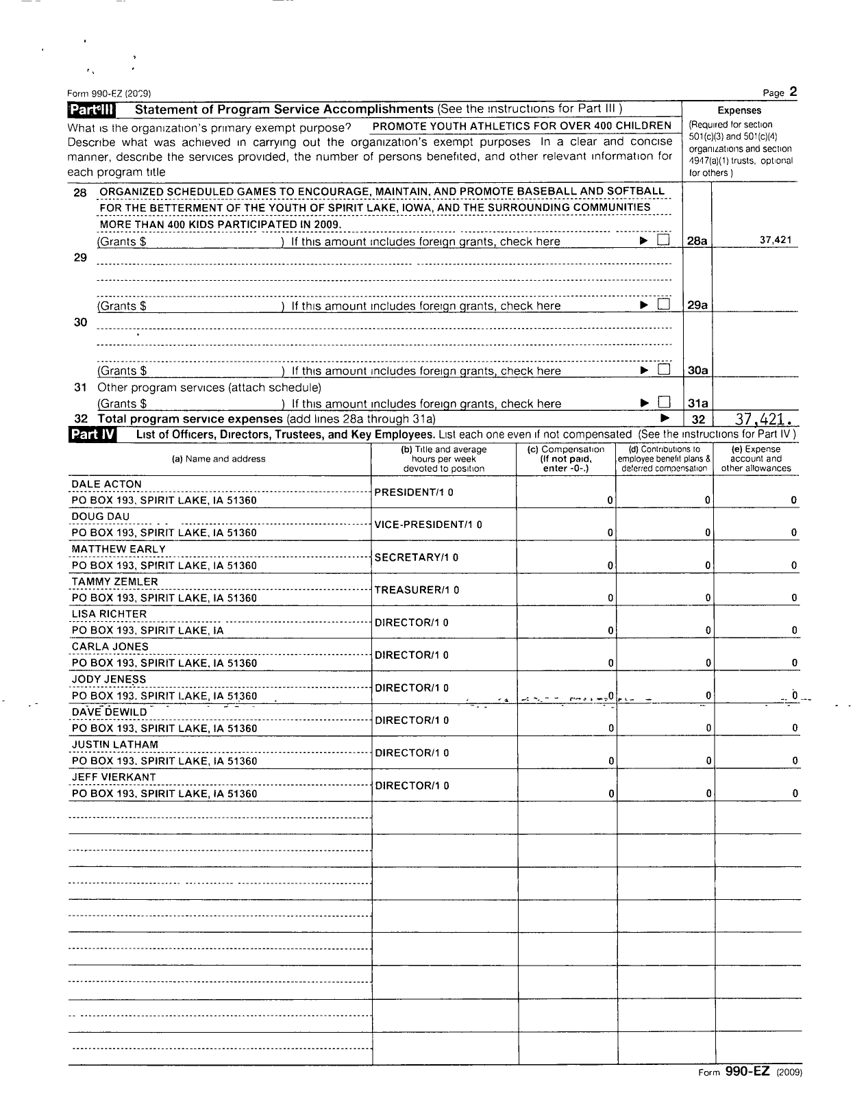 Image of first page of 2009 Form 990ER for Spirit Lake Youth Athletics