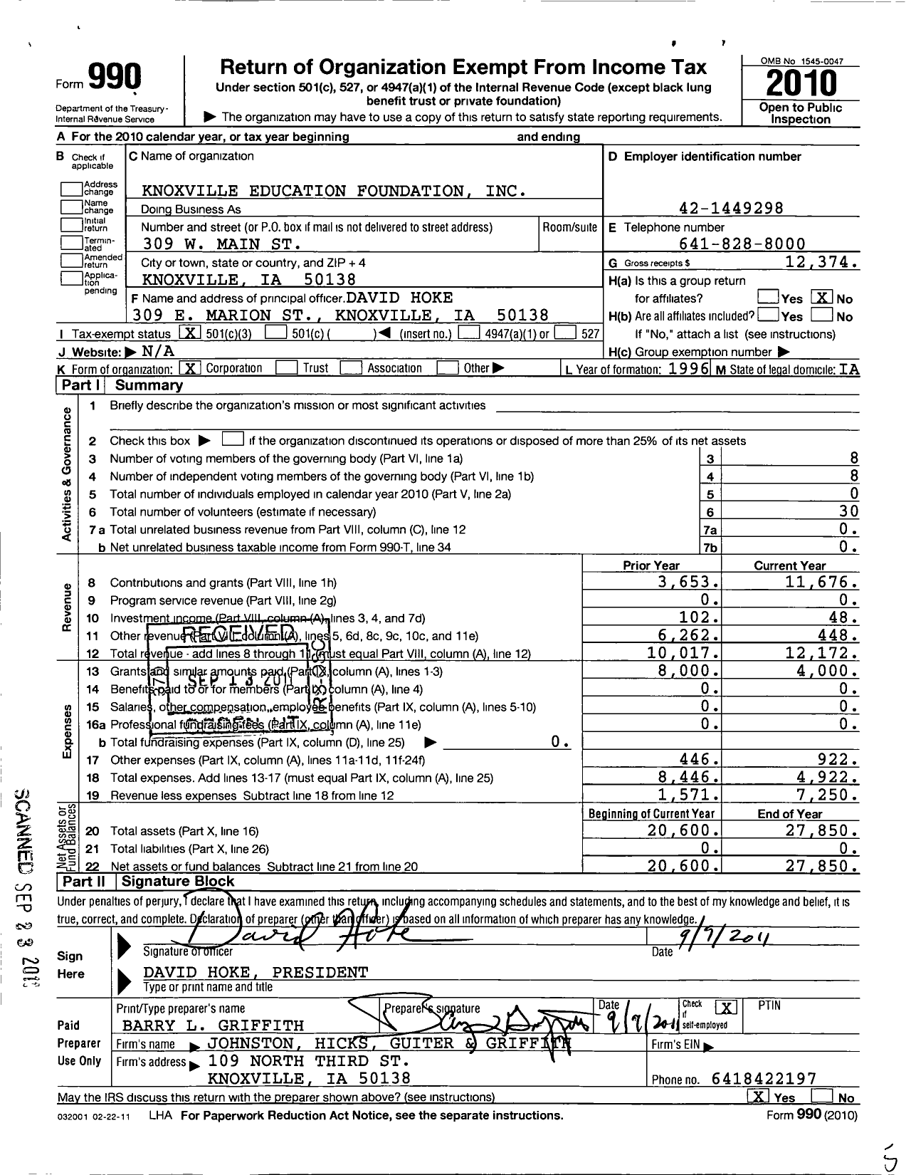 Image of first page of 2010 Form 990 for Knoxville Education Foundation