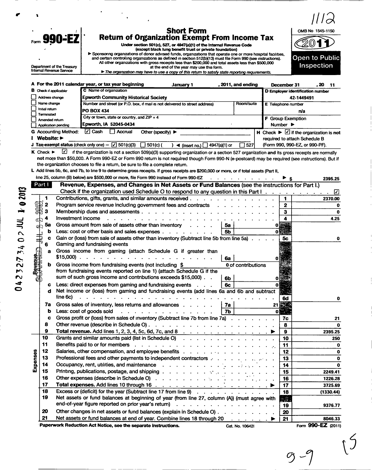 Image of first page of 2011 Form 990EZ for Epworth Community Historical Society