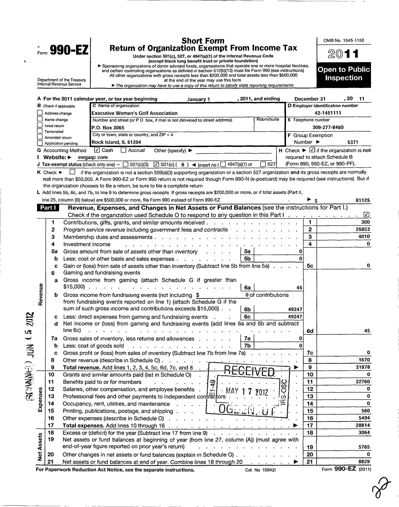 Image of first page of 2011 Form 990EO for Excutive Womens Golf Association / Quad Cities Chapter