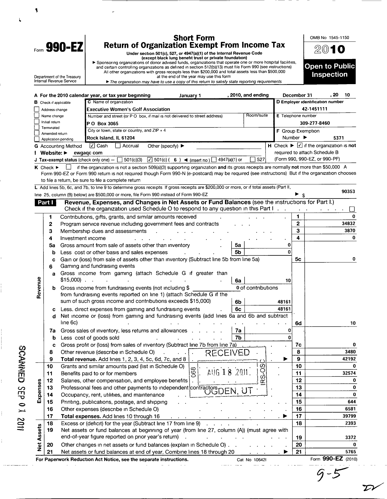 Image of first page of 2010 Form 990EO for Excutive Womens Golf Association / Quad Cities Chapter