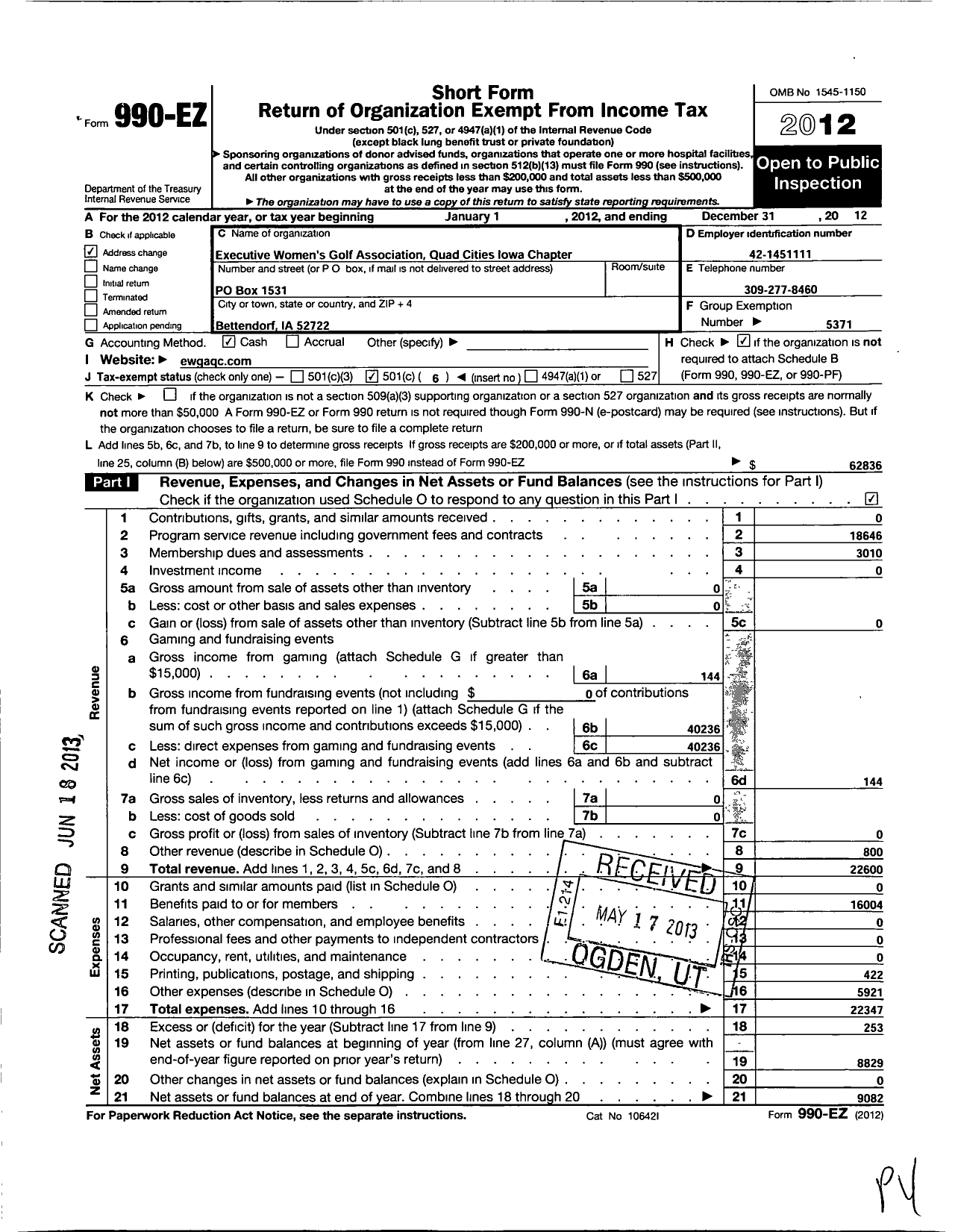 Image of first page of 2012 Form 990EO for Excutive Womens Golf Association / Quad Cities Chapter