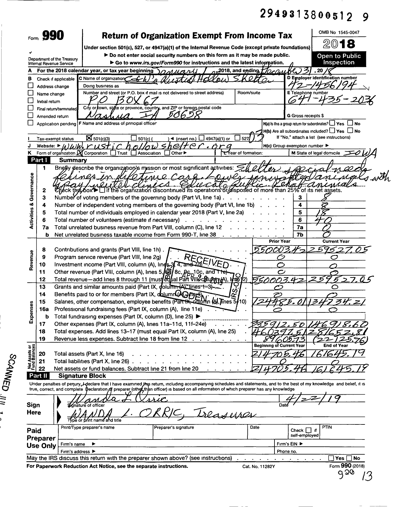 Image of first page of 2018 Form 990 for C and Ws RUSTIC HOLLOW SHELTER