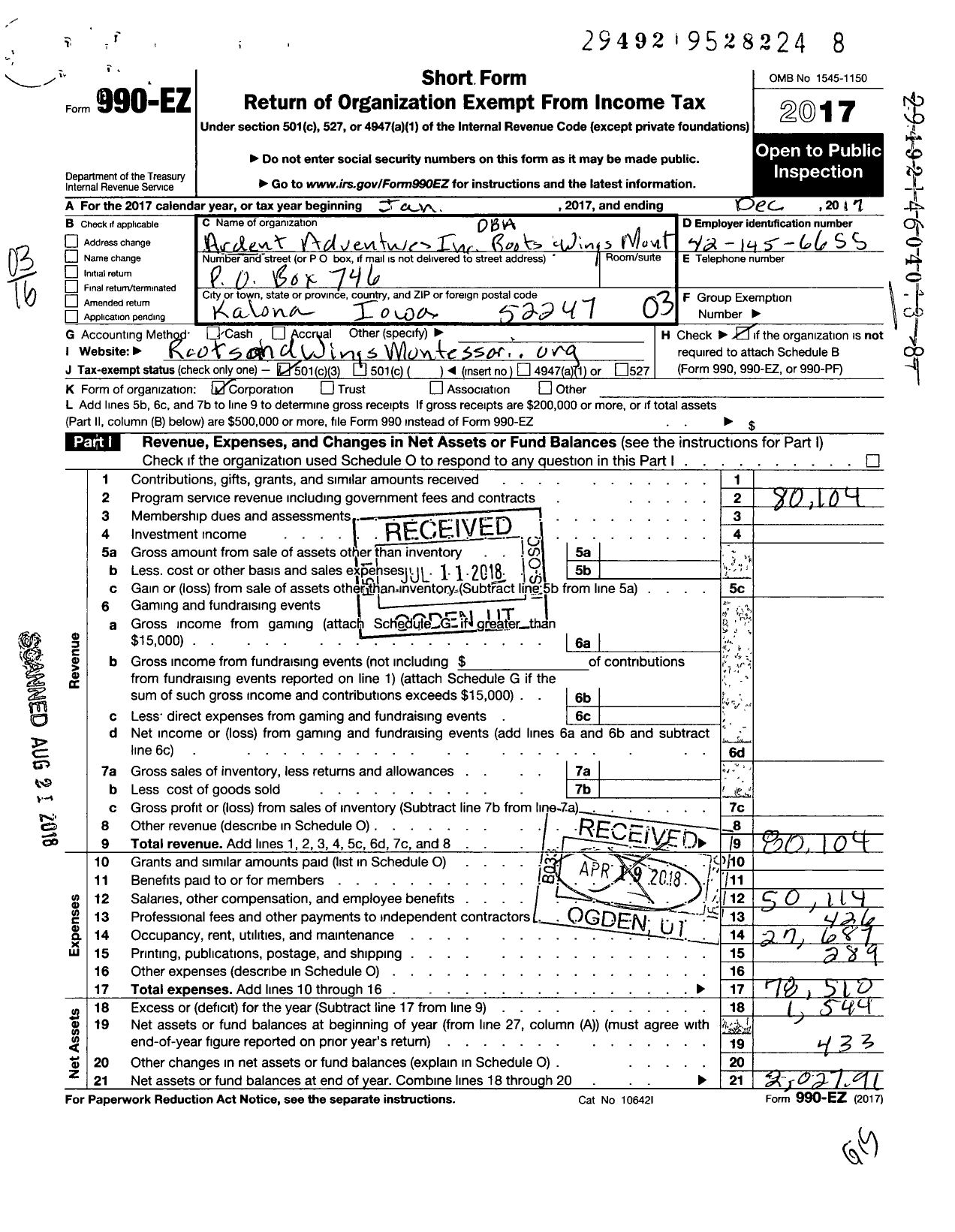 Image of first page of 2017 Form 990EZ for Ardent Adventures
