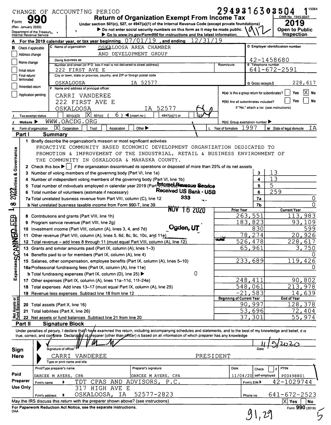 Image of first page of 2019 Form 990O for Mahaska Chamber and Development Group