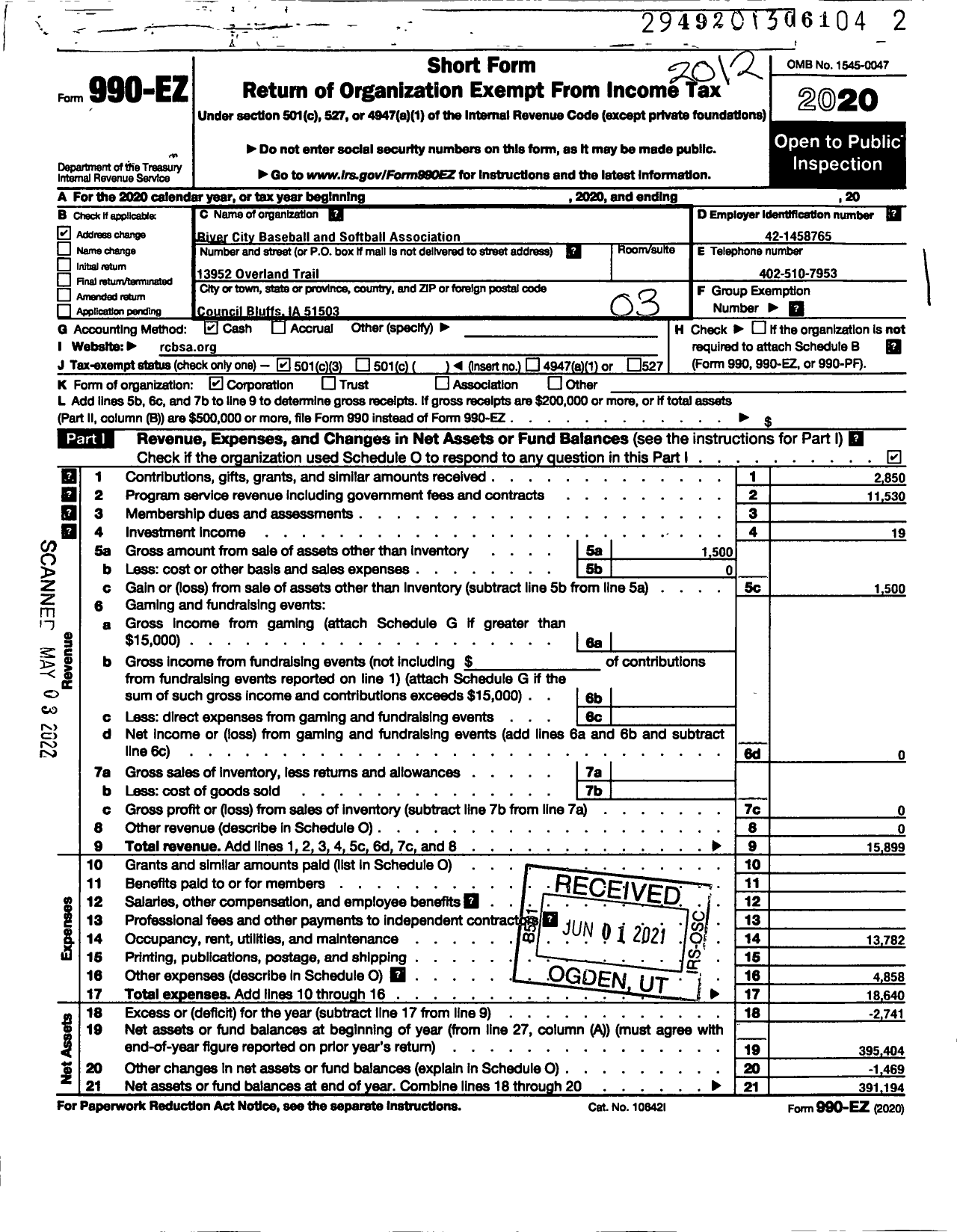 Image of first page of 2020 Form 990EZ for River City Baseball and Softball Association