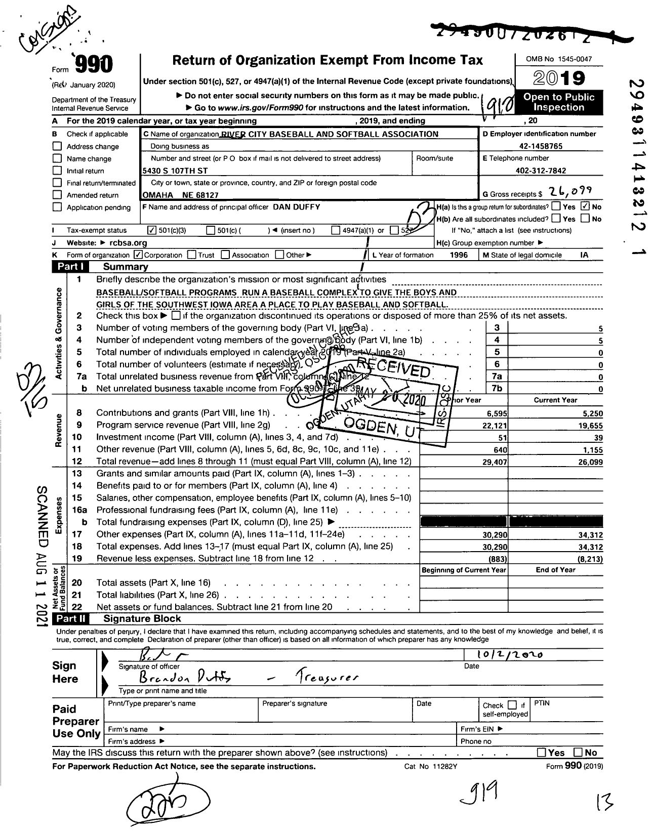 Image of first page of 2019 Form 990 for River City Baseball and Softball Association