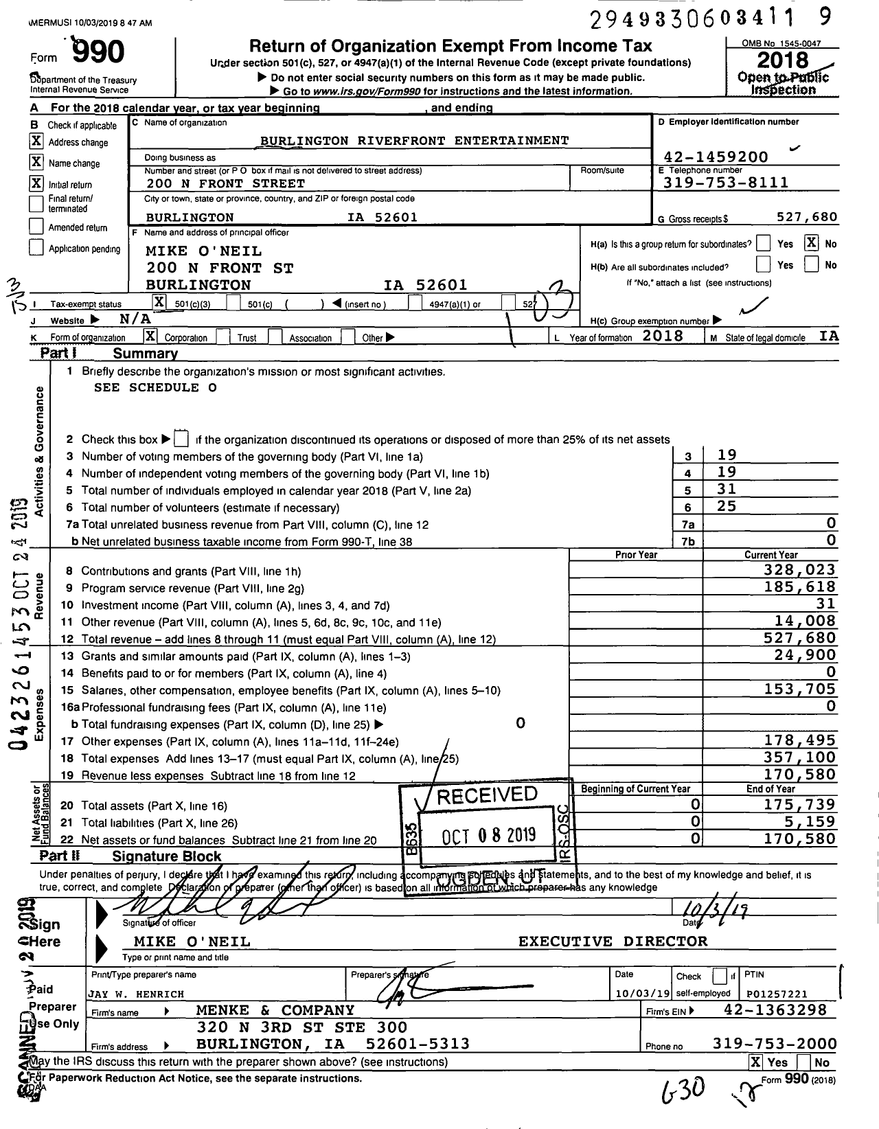 Image of first page of 2018 Form 990 for Burlington Riverfront Entertainment