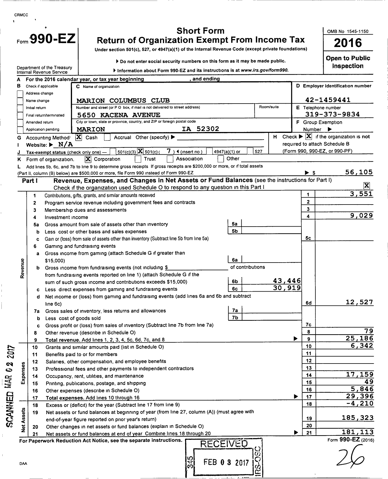 Image of first page of 2016 Form 990EO for Marion Columbus Club (MCC)