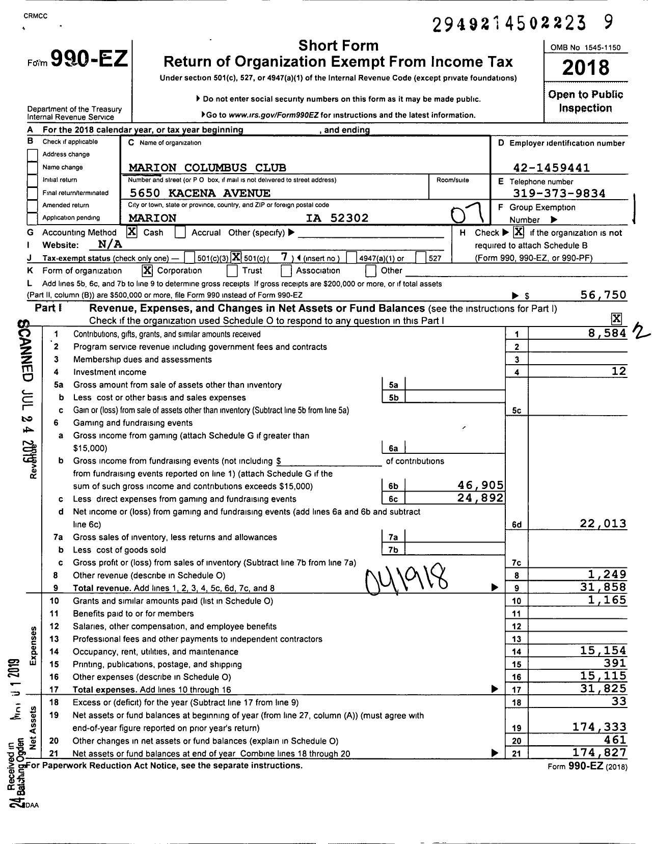 Image of first page of 2018 Form 990EO for Marion Columbus Club (MCC)