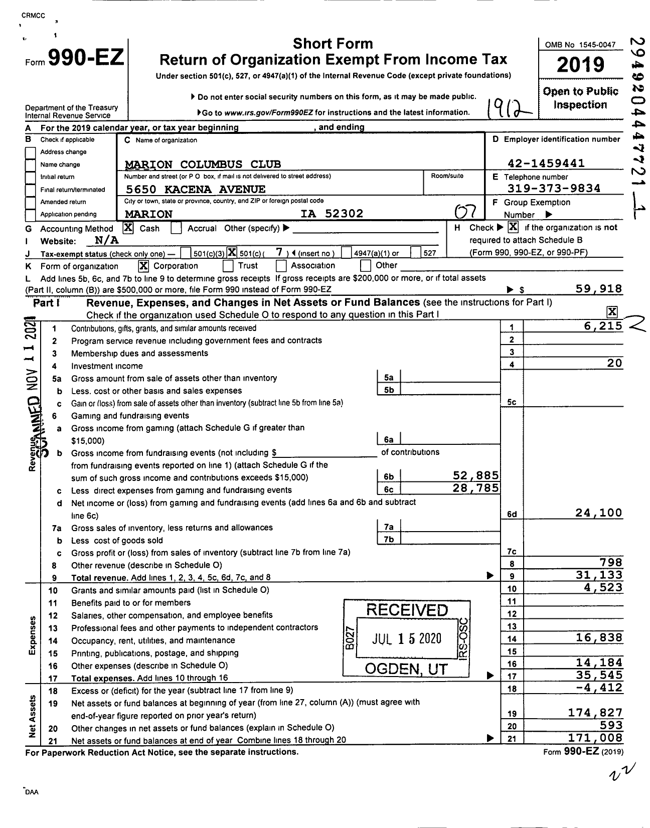 Image of first page of 2019 Form 990EO for Marion Columbus Club (MCC)